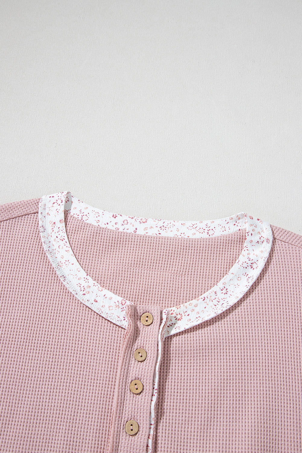 Pink Waffle Floral Patchwork Exposed Seam Detail Short Sleeve Top - The Fair Lady Shop