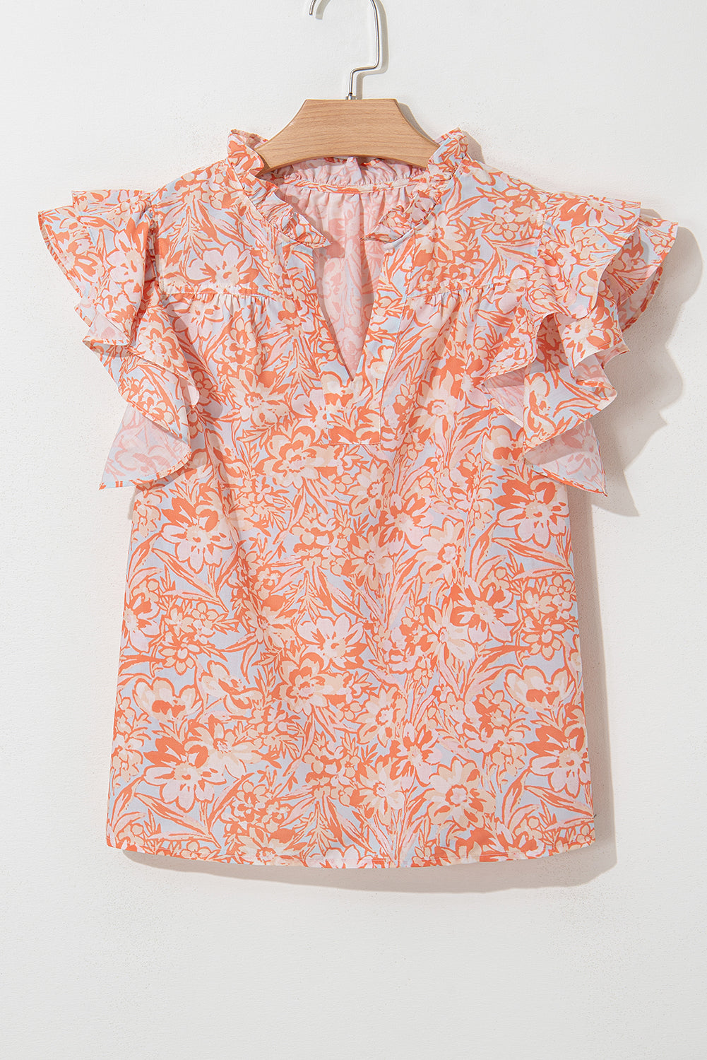 Orange Floral Ruffle Sleeve Split Neck Blouse - The Fair Lady Shop