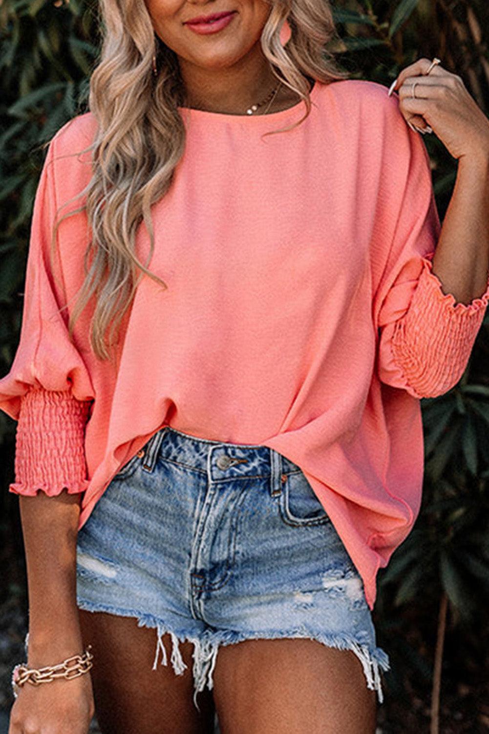 White Plain & Casual Shirred Cuffs Half Sleeve Top - The Fair Lady Shop