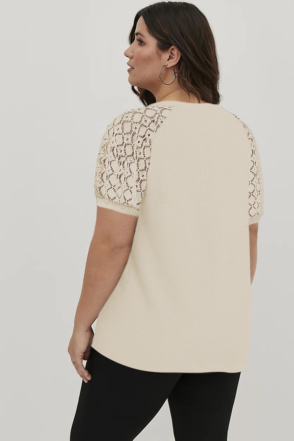 Apricot Mesh Sleeve V Neck Plus Size T Shirt - The Fair Lady Shop