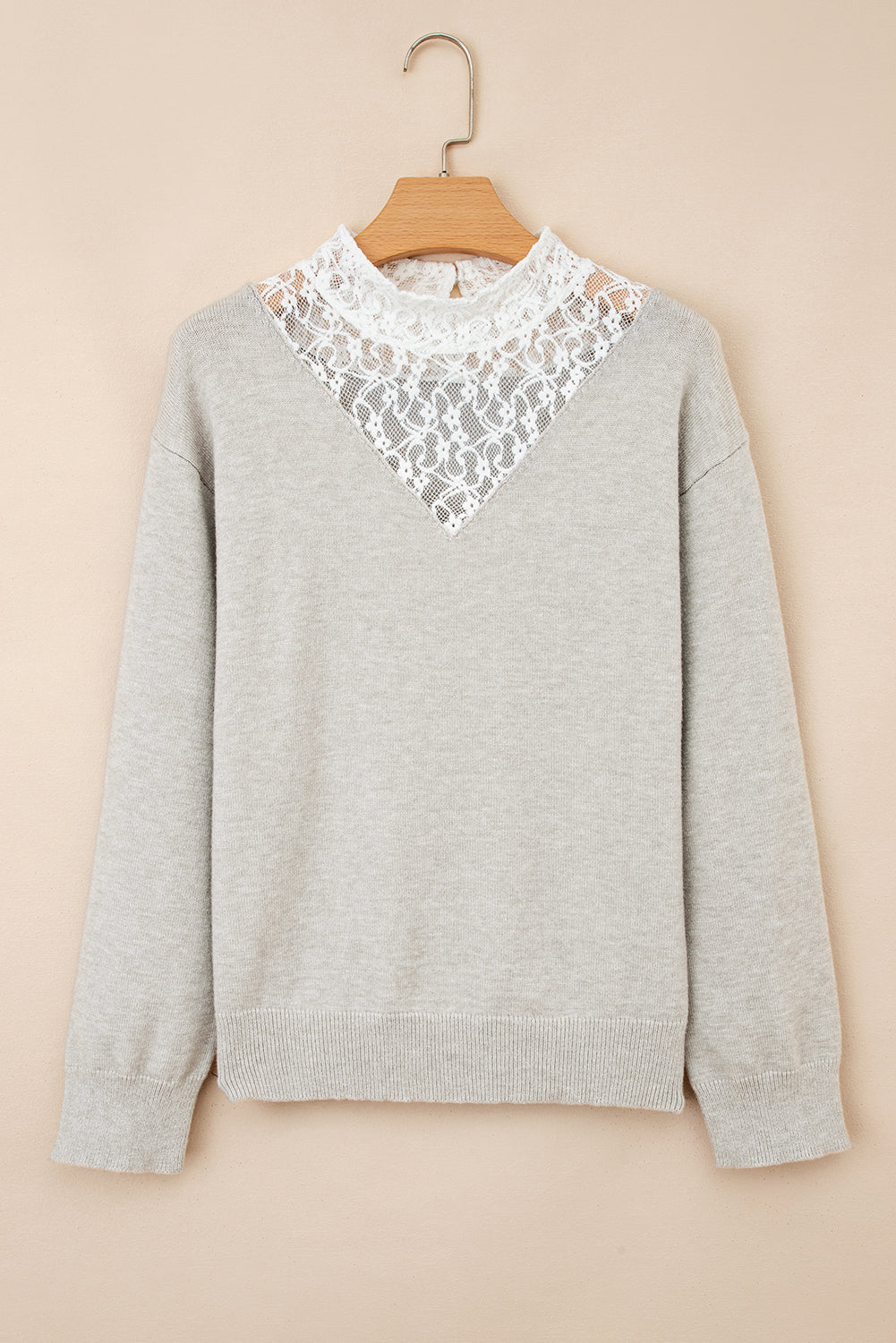 Light Grey Button Keyhole Lace Patchwork Drop Shoulder Sweater