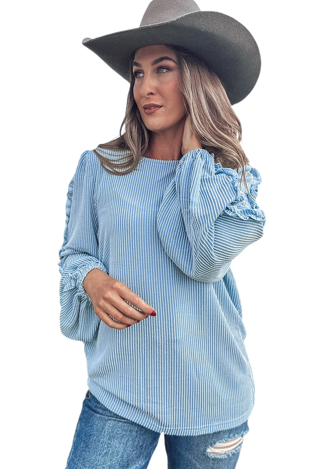Mist Blue Corded Frill Detail Puff Sleeve Top - The Fair Lady Shop