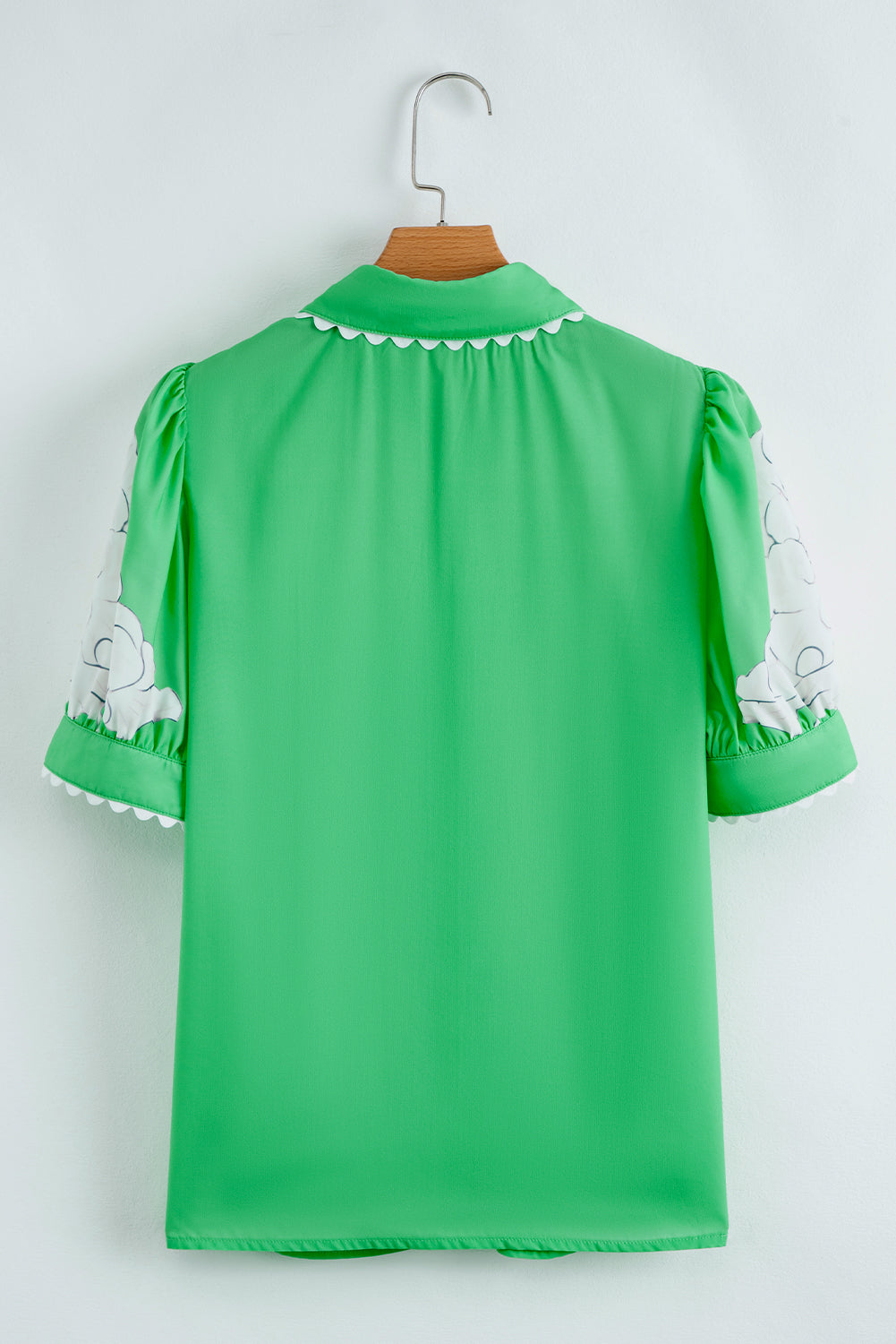 Green Floral Print Ric Rac Trim Puff Sleeve Button Up Shirt - The Fair Lady Shop
