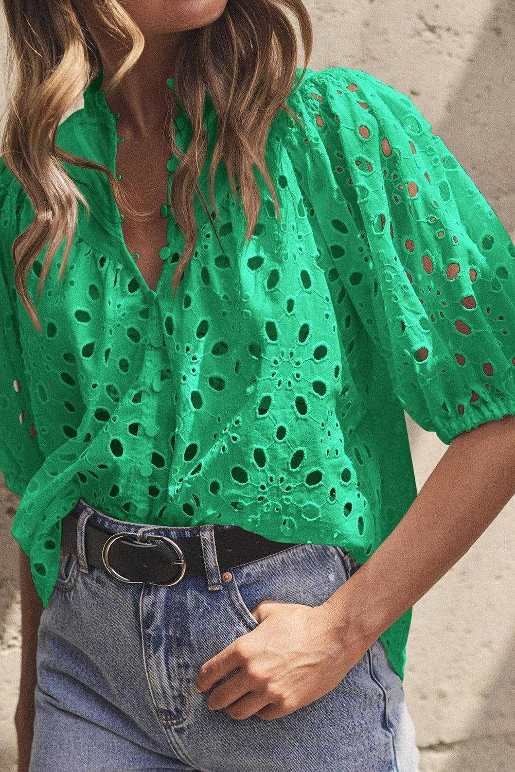 Bonbon Hollow-out Flower Embroidered Short Puff Sleeve Blouse - The Fair Lady Shop
