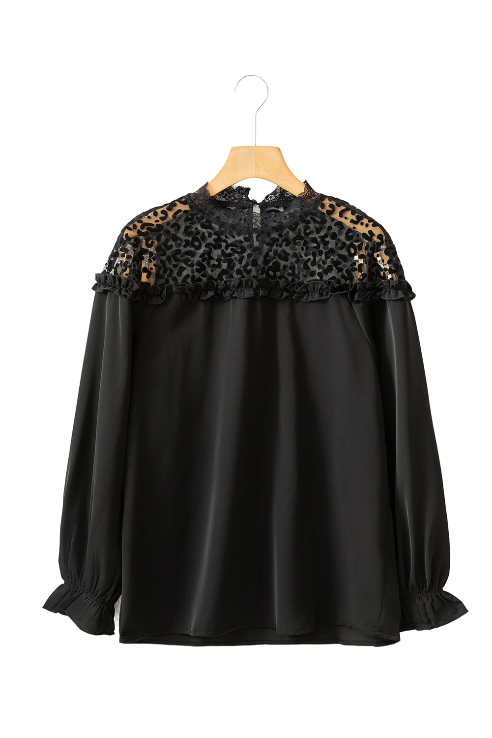 Black Leopard Sheer Splicing Lace Neck Ruffle Blouse - The Fair Lady Shop