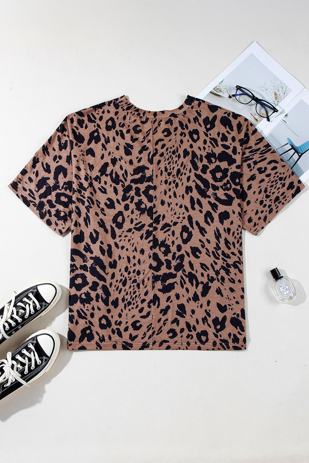 Brown Leopard Print V Neck Half Sleeve Oversized Tee - The Fair Lady Shop