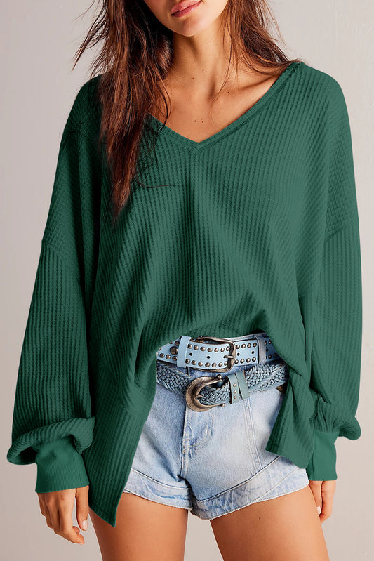 Blackish Green Waffle V Neck Drop Shoulder Loose Top - The Fair Lady Shop