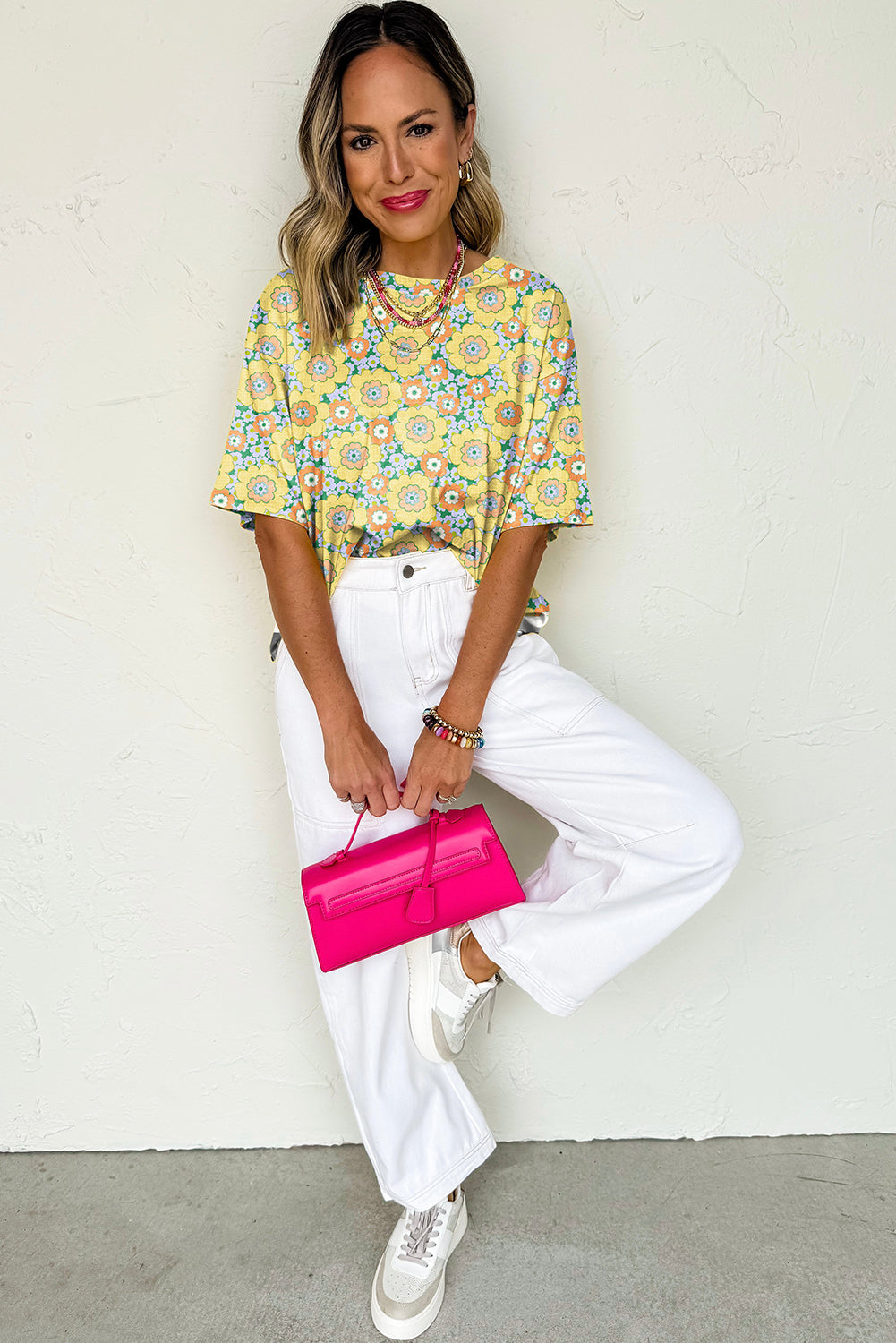 Yellow Summer Flower Print Drop Shoulder Loose T Shirt - The Fair Lady Shop