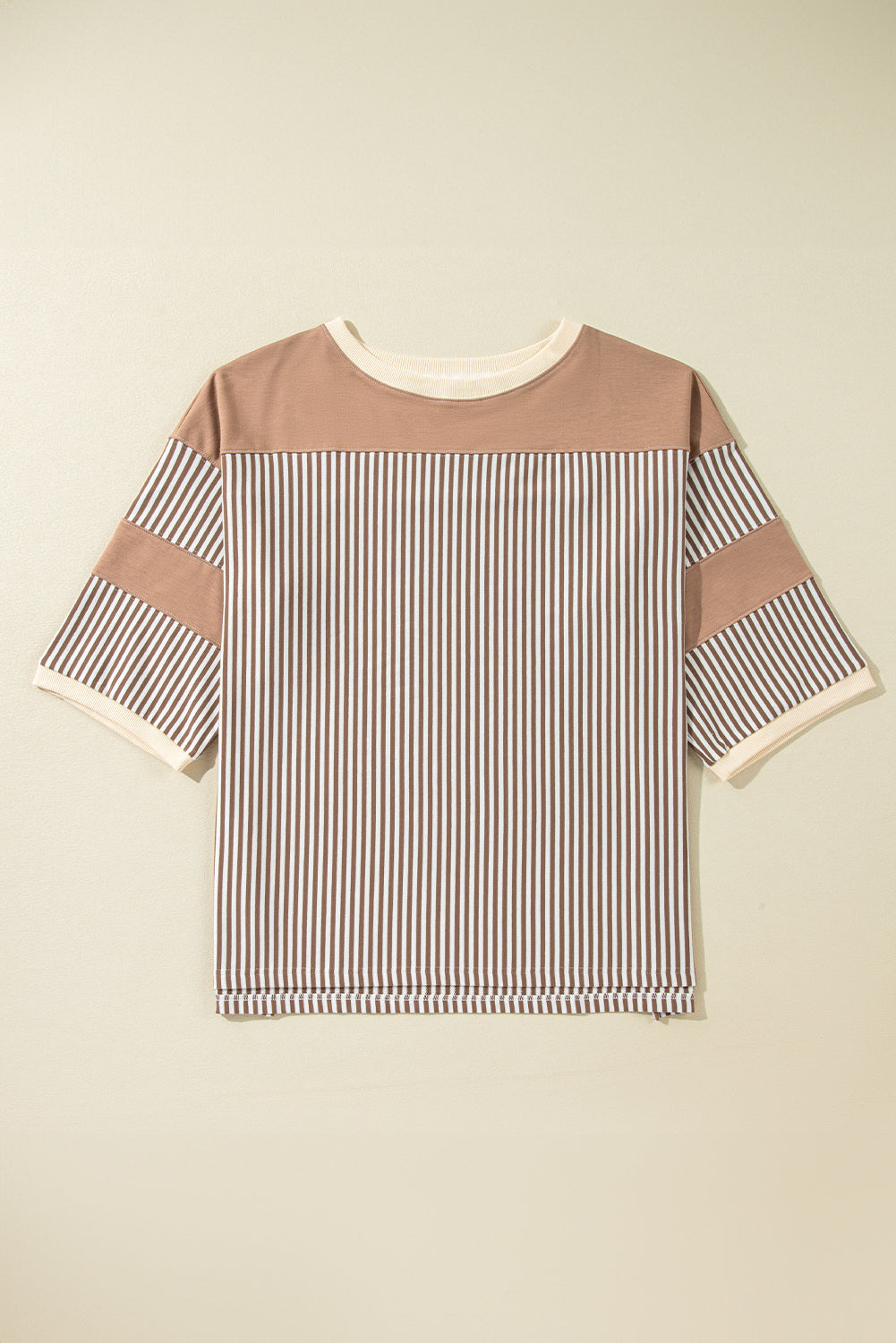 Khaki Stripe Patchwork Bracelet Sleeve Plus Size T Shirt - The Fair Lady Shop
