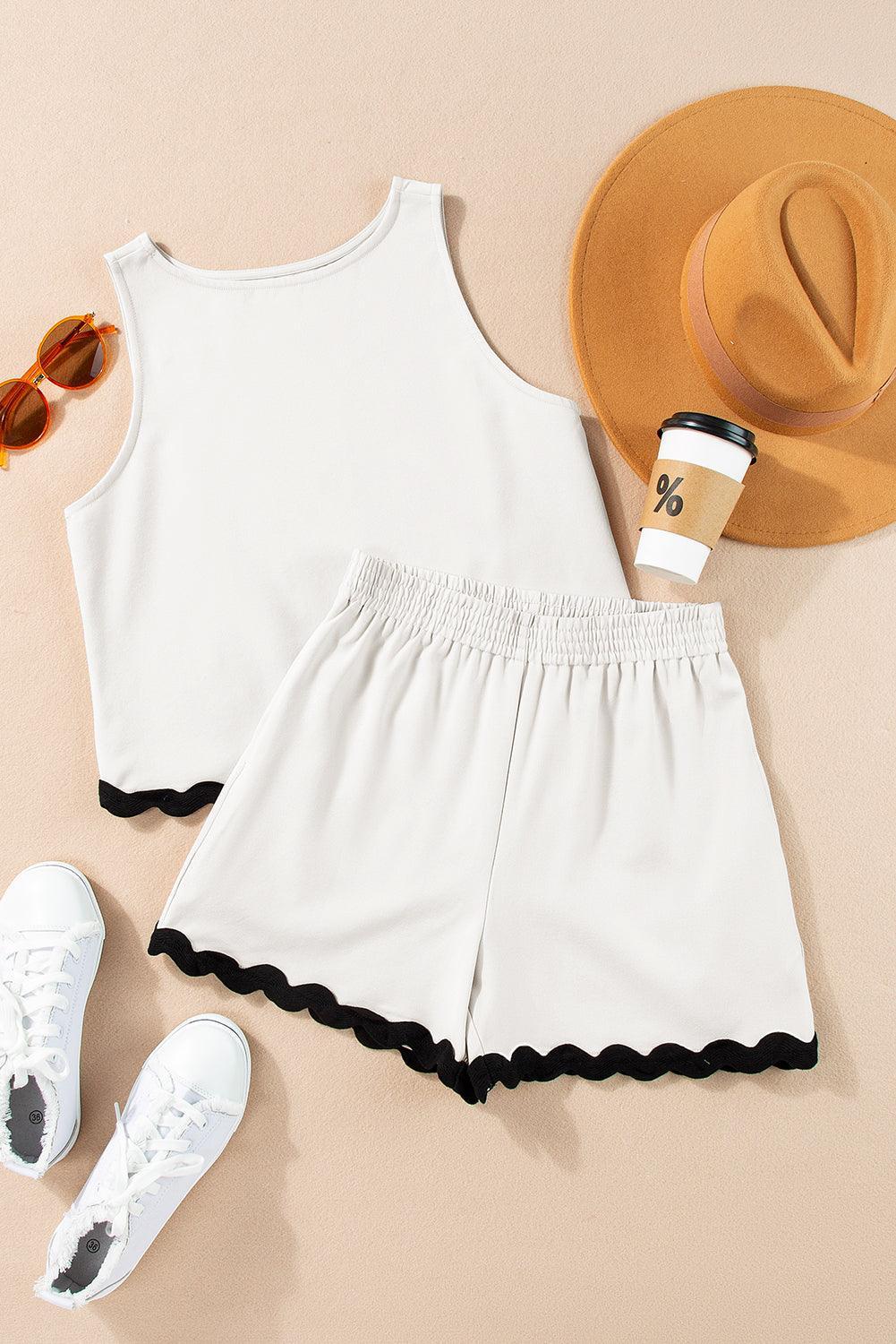 White Ricrac Applique Sleeveless Top and Pocketed Shorts Set - The Fair Lady Shop