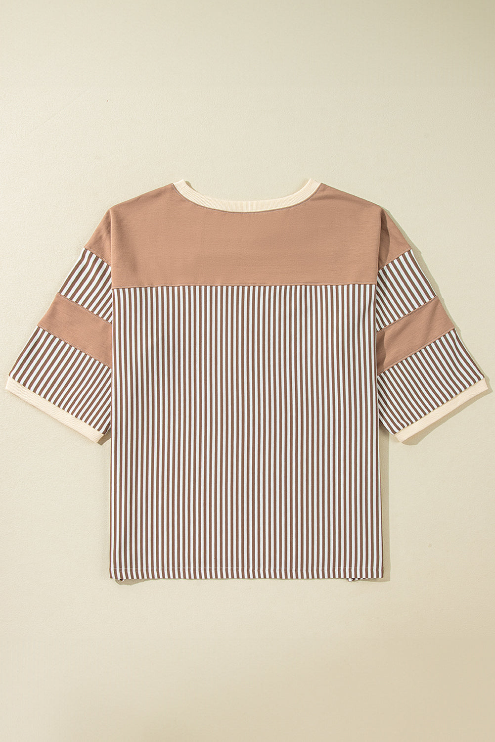 Khaki Stripe Patchwork Bracelet Sleeve Plus Size T Shirt - The Fair Lady Shop