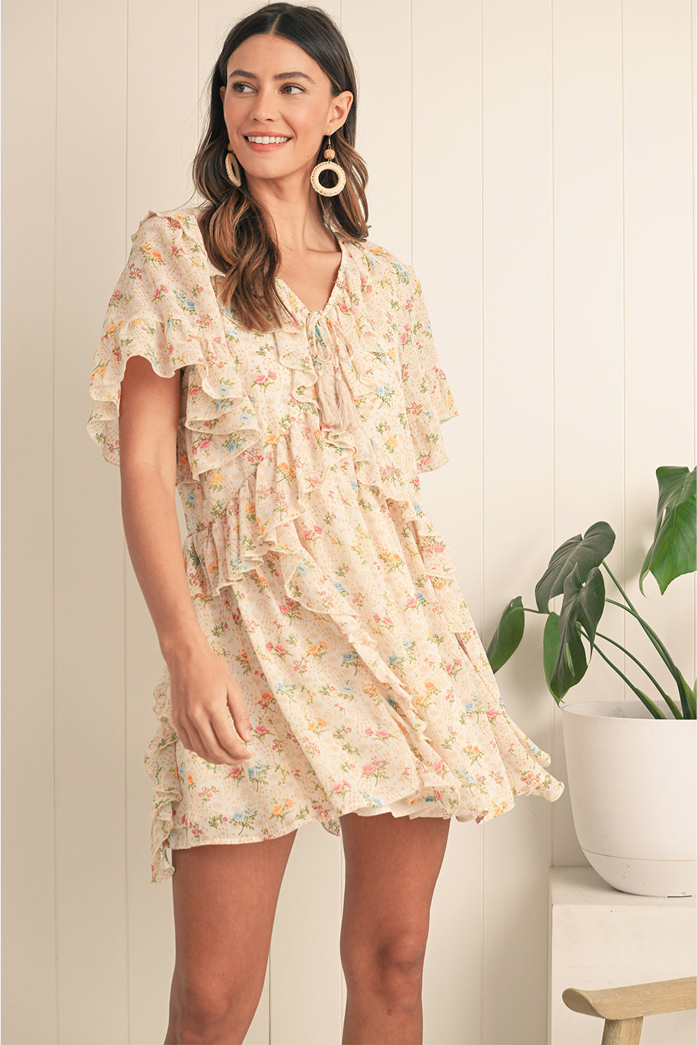 Apricot Boho V Neck Floral Tassel Tie Ruffle Mini Dress - The Fair Lady Shop