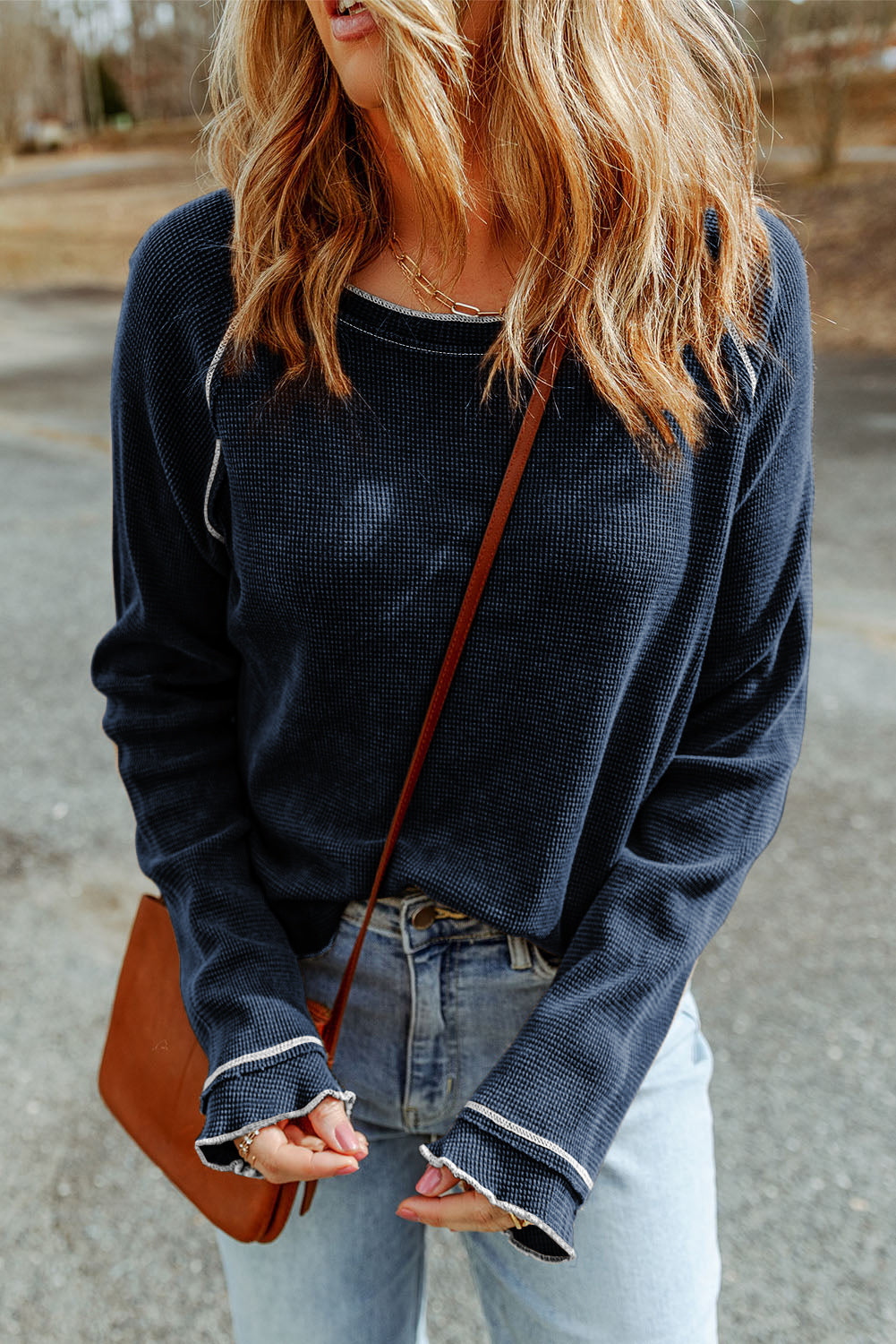 Blue Exposed Seam Textured Pullover Long Sleeve Top - The Fair Lady Shop
