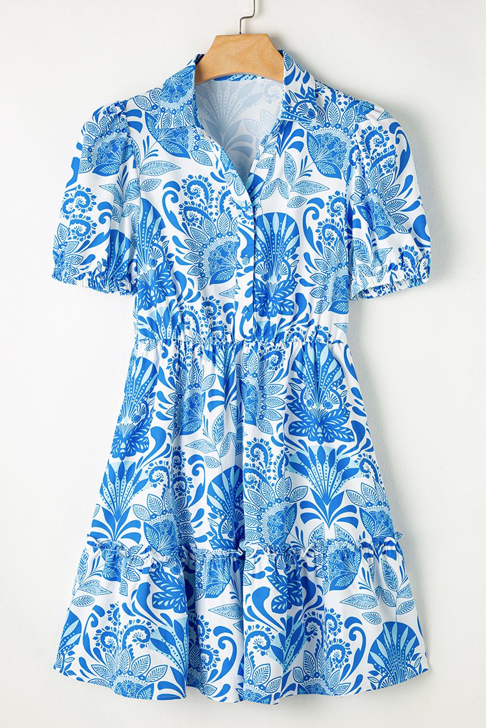 Sky Blue Boho Floral Print Frill Tiered Mini Dress - The Fair Lady Shop