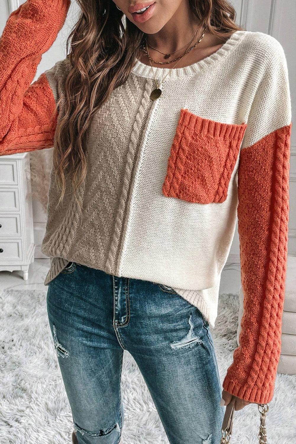 Rose Tan Colorblock Pocket Drop Shoulder Sweater - The Fair Lady Shop