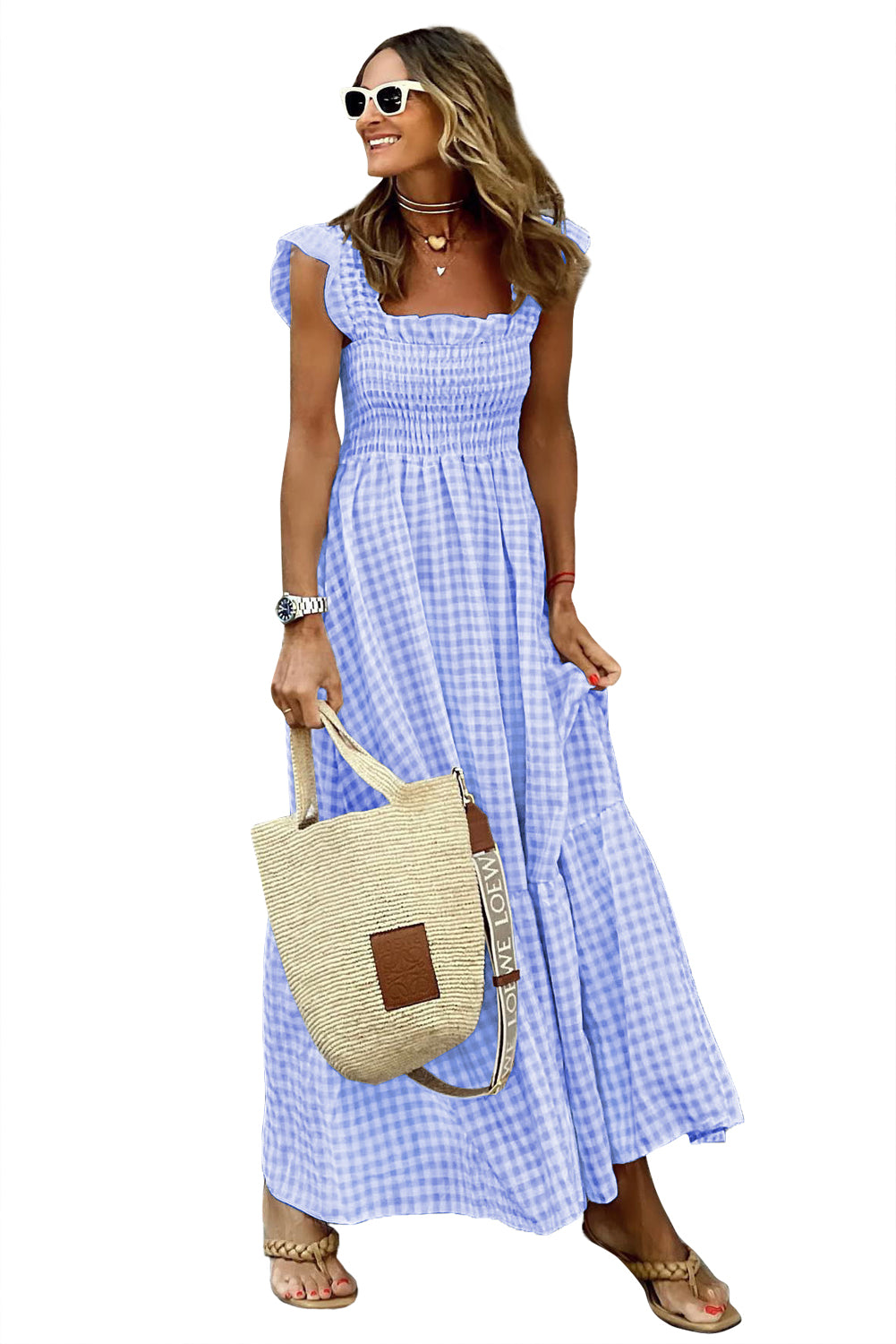 Sky Blue Plaid Square Neck Sleeveless Maxi Dress - The Fair Lady Shop