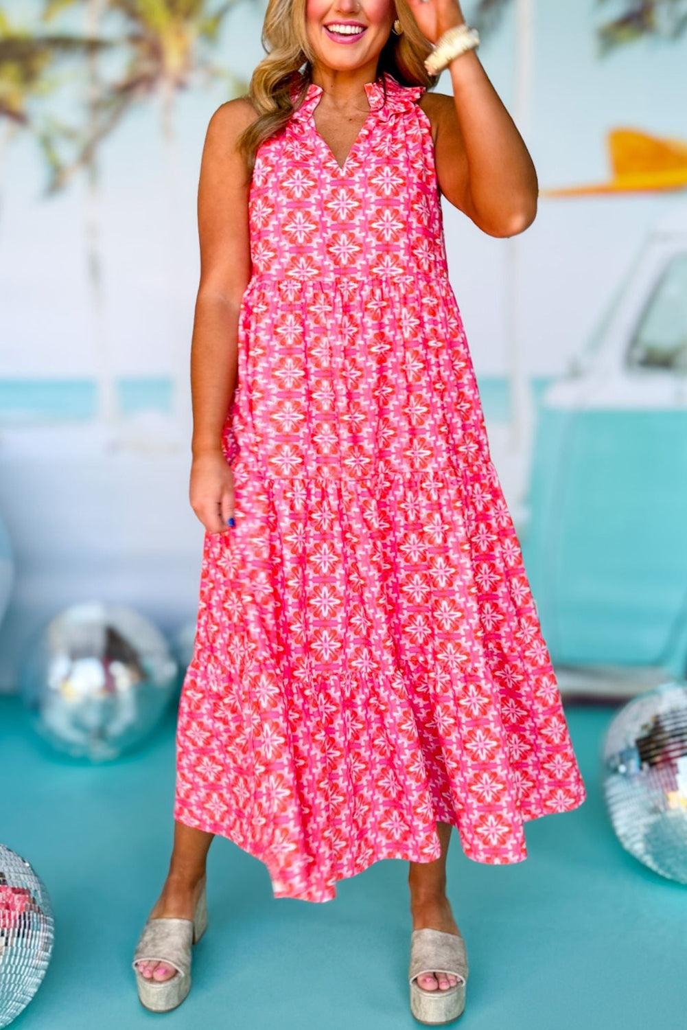 Sky Blue 60s Flower Split Neck Sleeveless Tiered Maxi Dress - The Fair Lady Shop
