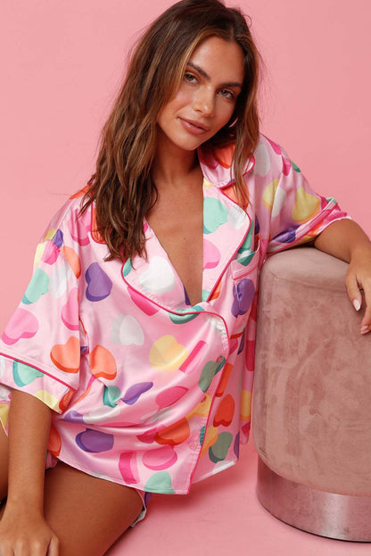 Pink Full Heart Pattern Shirt and Shorts Satin Pajama Set - The Fair Lady Shop