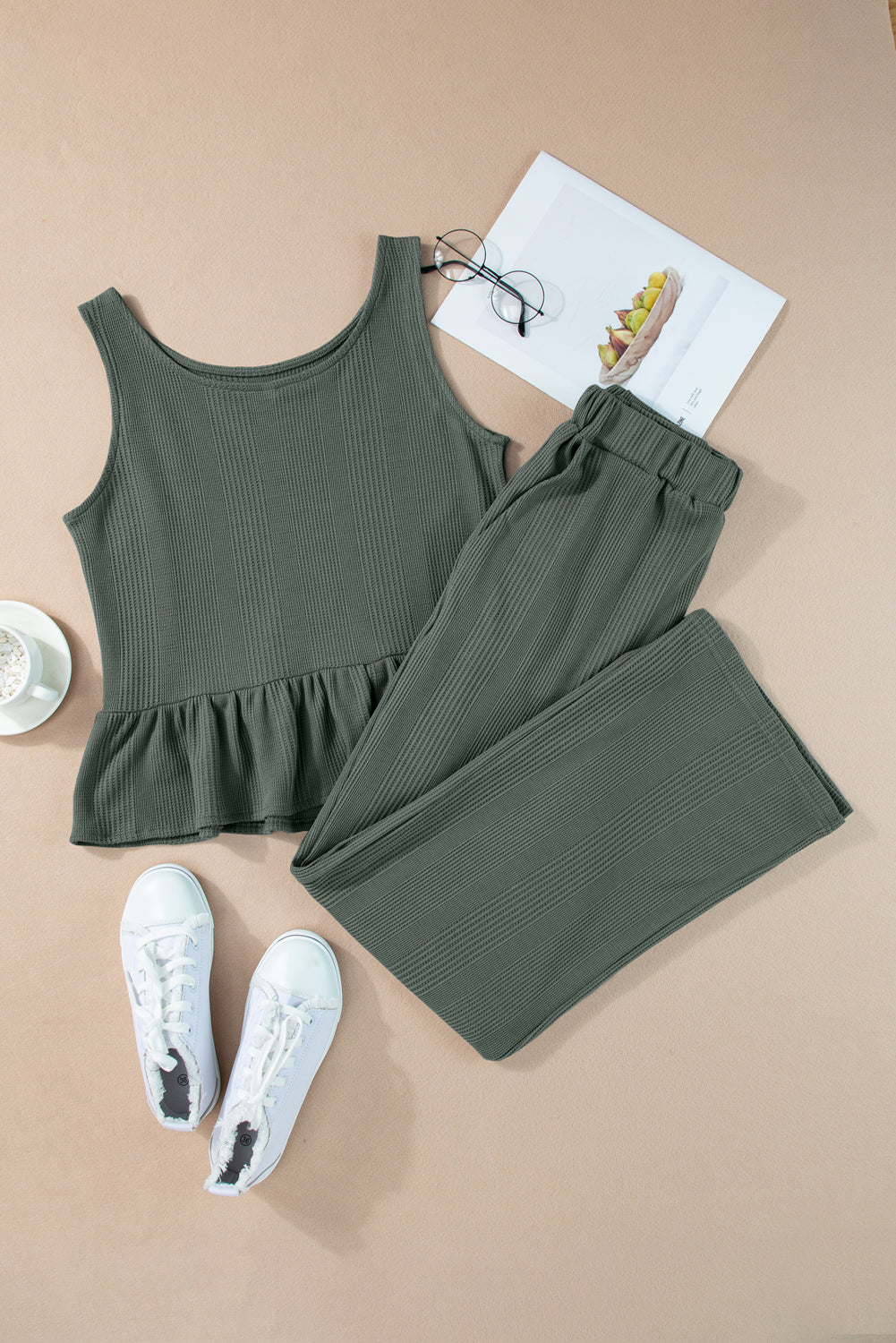 Duffel Green Solid Color Ribbed Ruffle Tank Top and Pants Set - The Fair Lady Shop