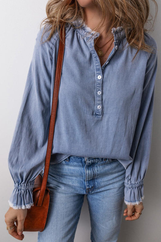 Sky Blue Frilled Raw Hem Half Buttoned Denim Top - The Fair Lady Shop