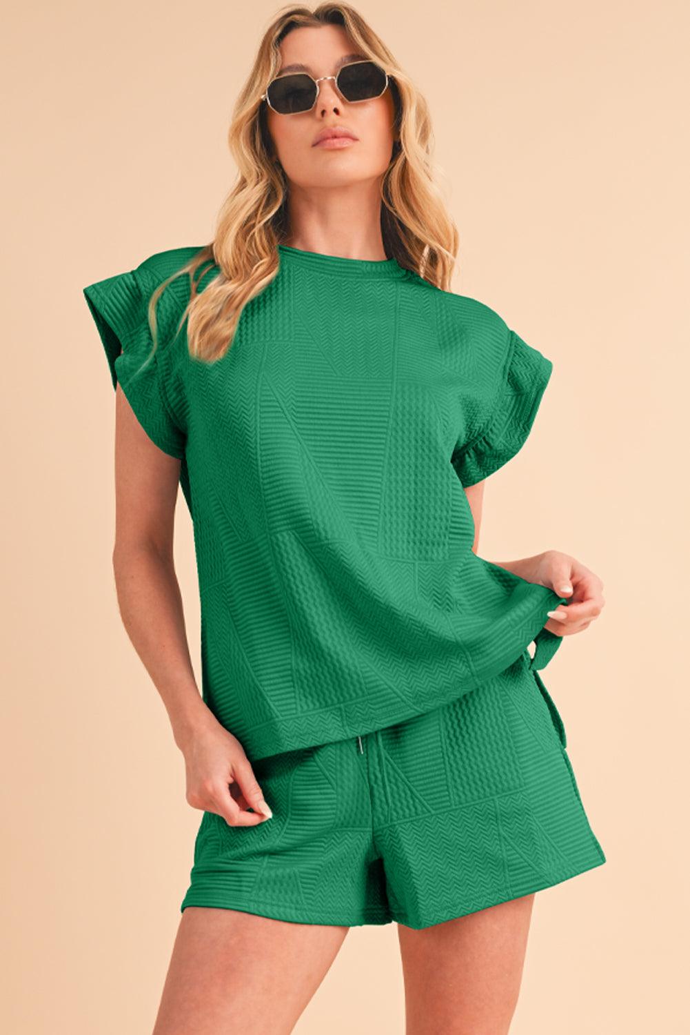 Dark Green Textured Ruffle Split Top and Drawstring Shorts Set - The Fair Lady Shop