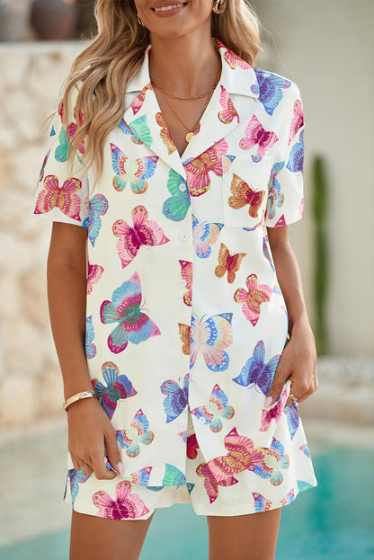 Multicolour Butterfly Print Button-up Shirt & Shorts Pajama Set - The Fair Lady Shop