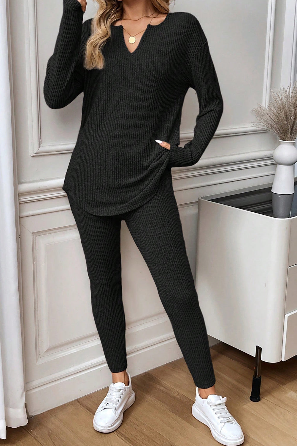 Black Ribbed Notched Neck Knit Long Sleeve Leggings Two Pieces Lounge Set