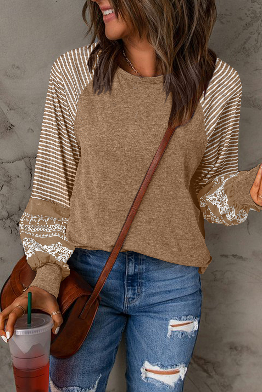 Brown Contrast Print Striped Raglan Long Sleeve Loose Top