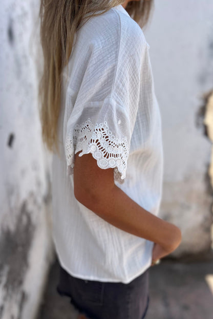 White Crinkled Lace Splicing Sleeve Collared V Neck Blouse - The Fair Lady Shop