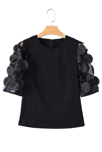 Black Applique Mesh Keyhole Back Splicing Sleeve Blouse - The Fair Lady Shop