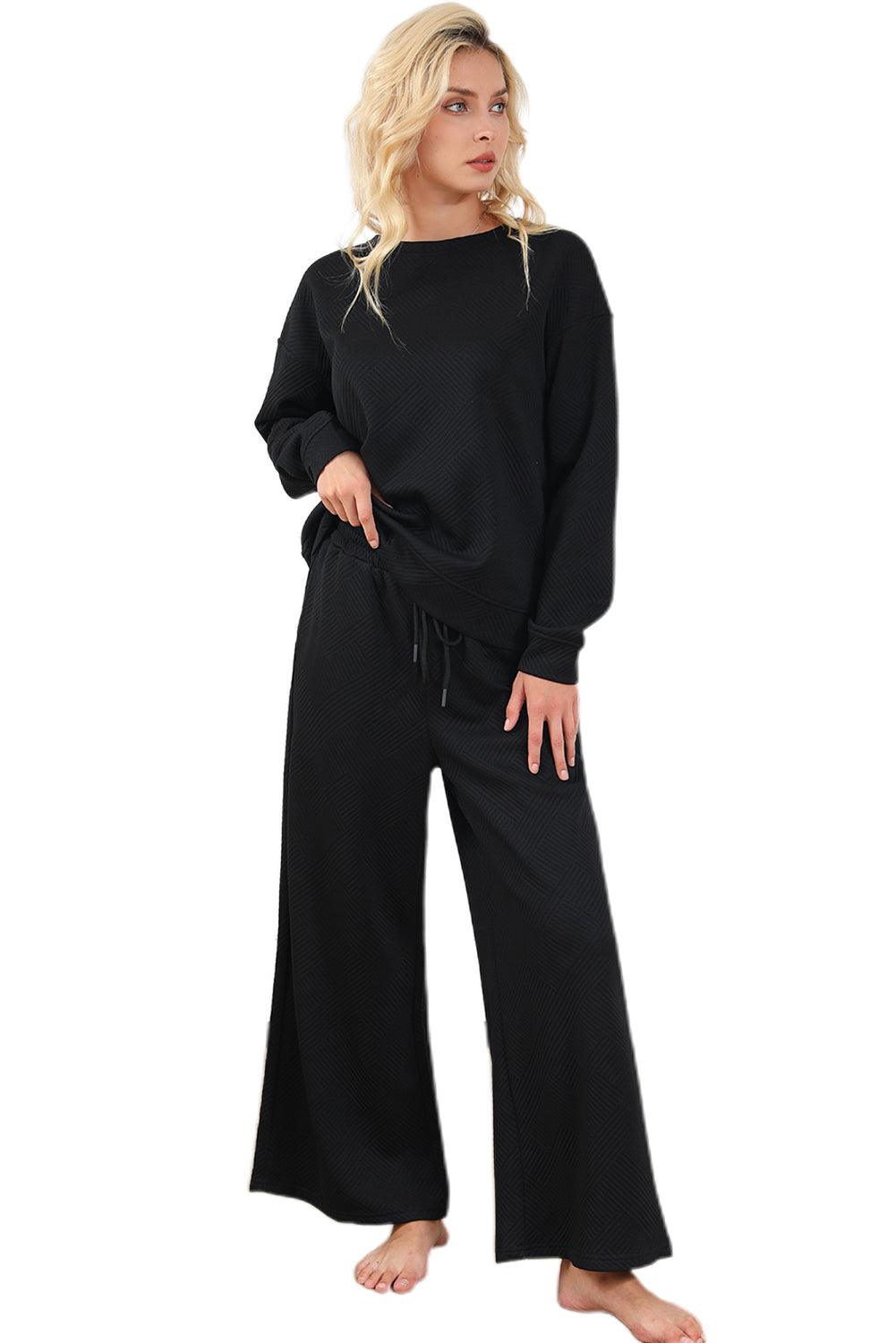 Dark Brown Textured Loose Slouchy Long Sleeve Top and Pants Set - The Fair Lady Shop