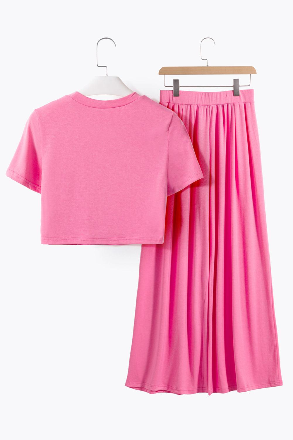 Strawberry Pink Plain Slim Fit Crop Top And Wide Leg Pants Set - The Fair Lady Shop
