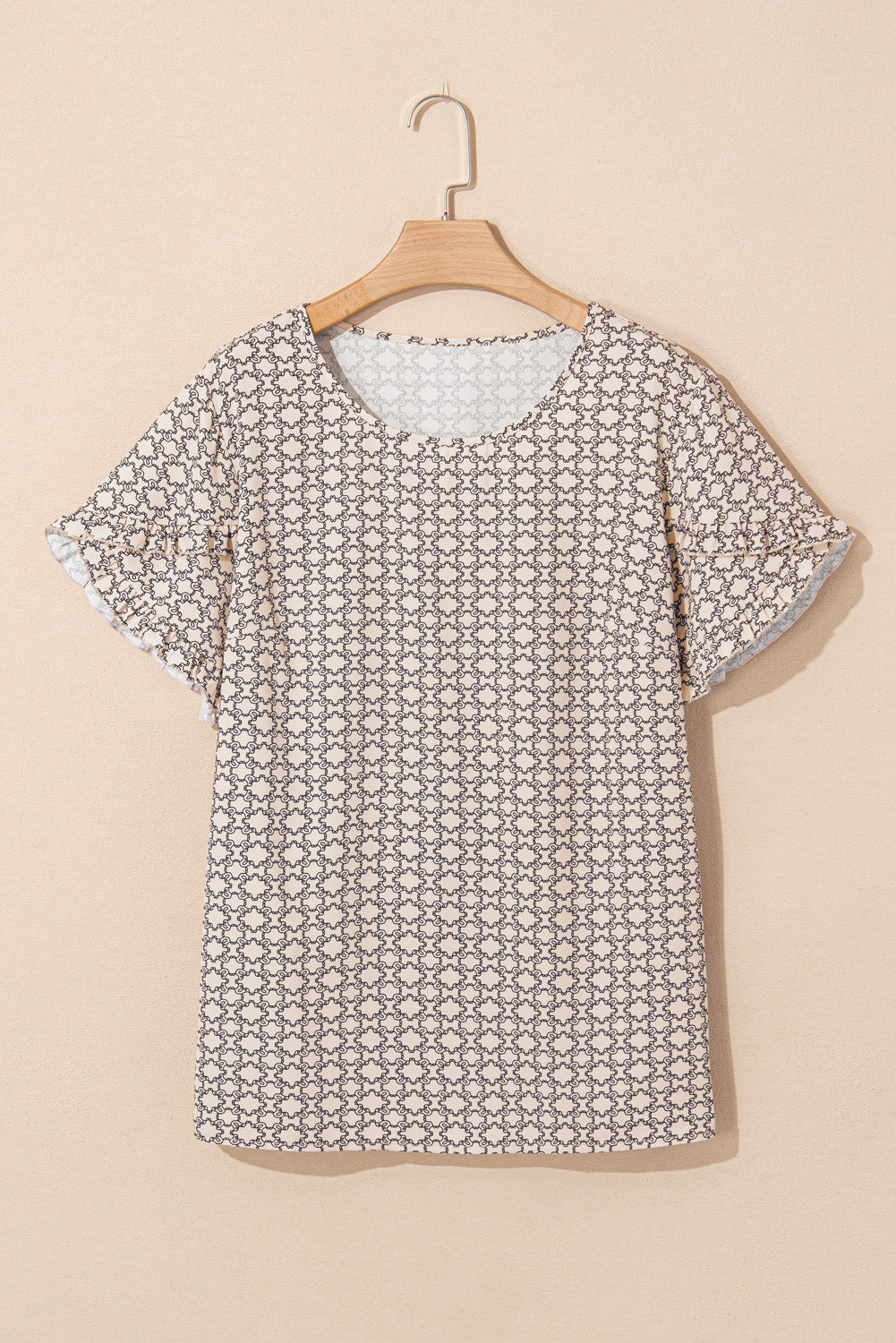 Khaki Geometric Print Frill Tulip Sleeve Plus Size Blouse - The Fair Lady Shop