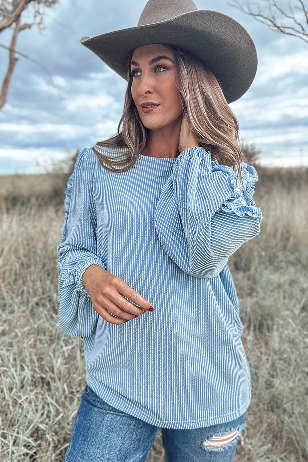 Mist Blue Corded Frill Detail Puff Sleeve Top - The Fair Lady Shop