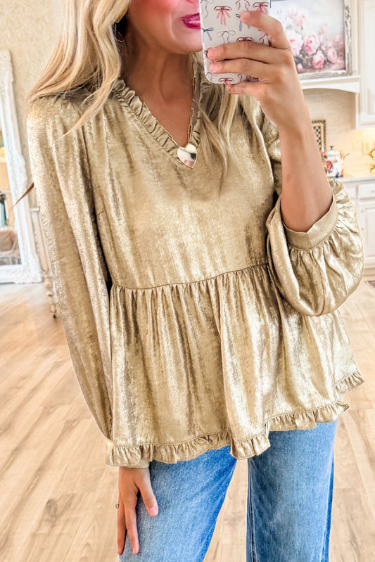 Gold Metallic Velvet Frill V Neck Puff Sleeve Babydoll Blouse - The Fair Lady Shop