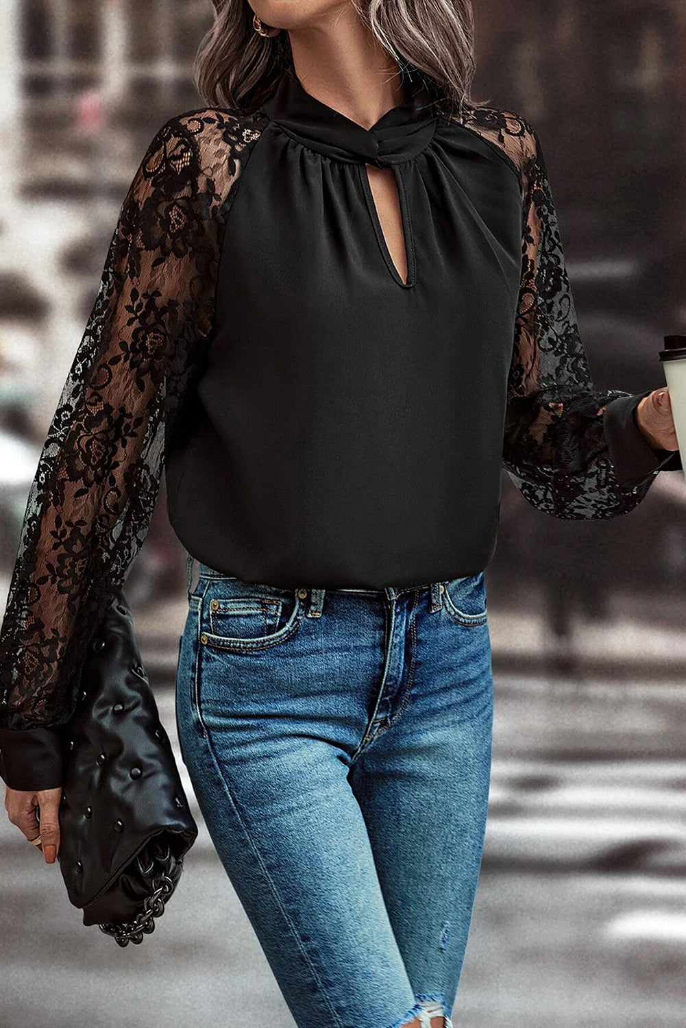 Black Keyhole Neckline Lace Splicing Raglan Sleeve Blouse - The Fair Lady Shop