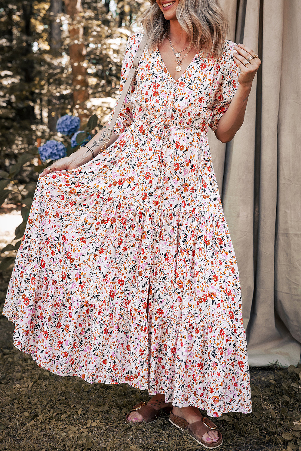 Red Boho Floral Print V Neck Tiered Maxi Dress - The Fair Lady Shop