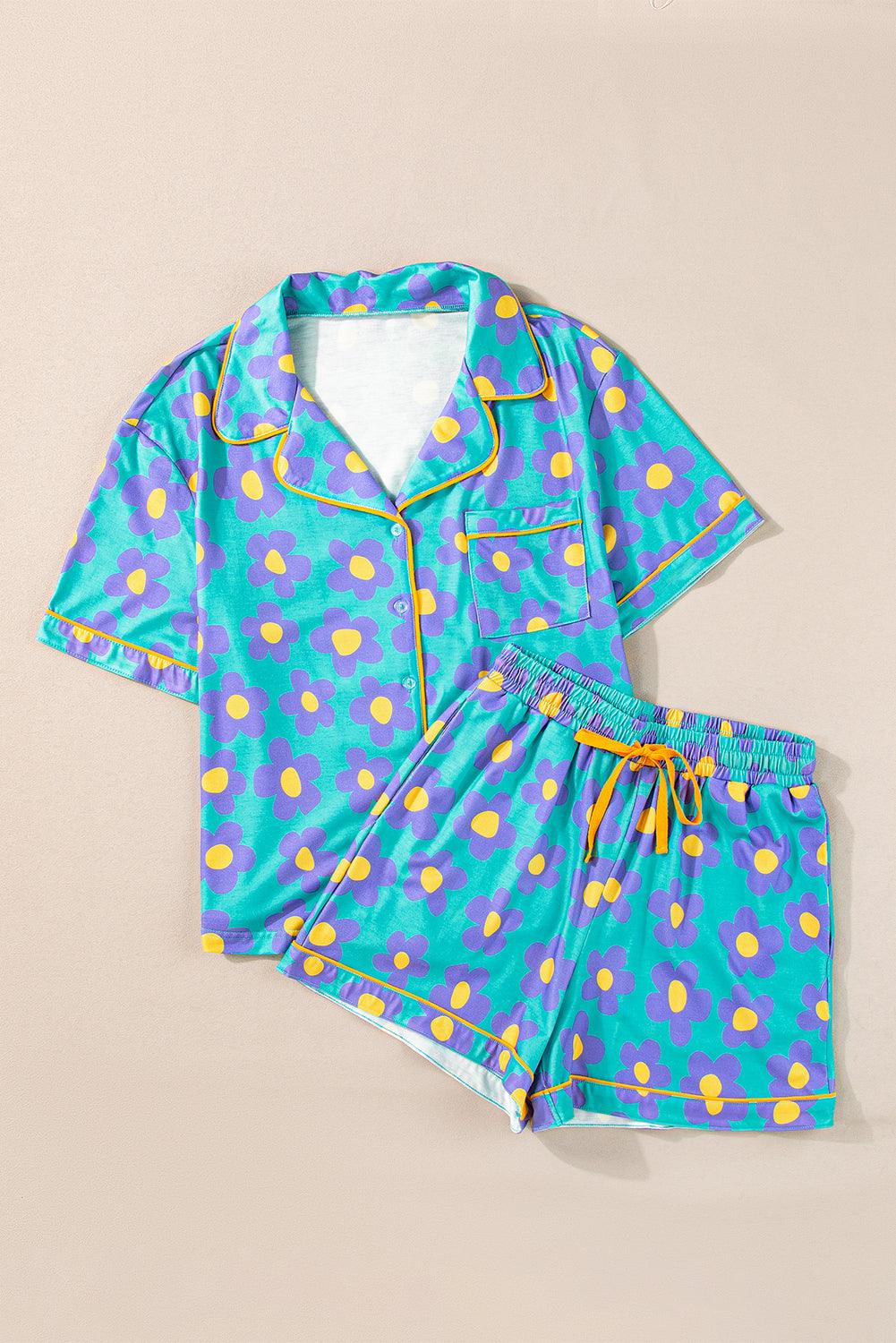 Green Flower Print Buttoned Shirt and Drawstring Waist Pajama Set - The Fair Lady Shop