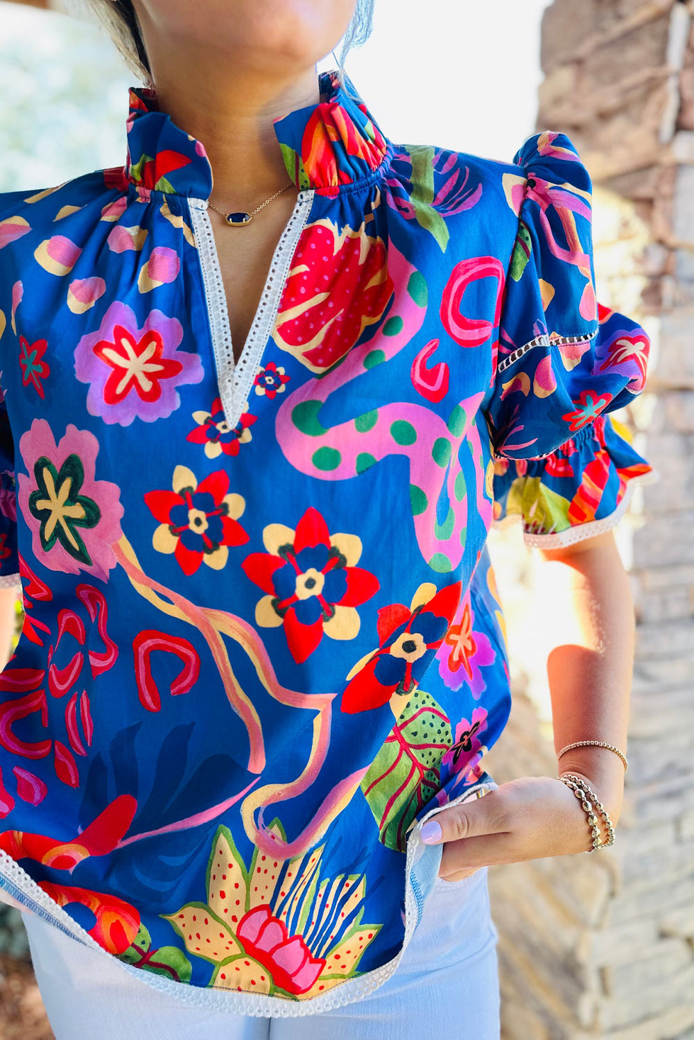 Blue Frill V-neck Abstract Print Blouse - The Fair Lady Shop