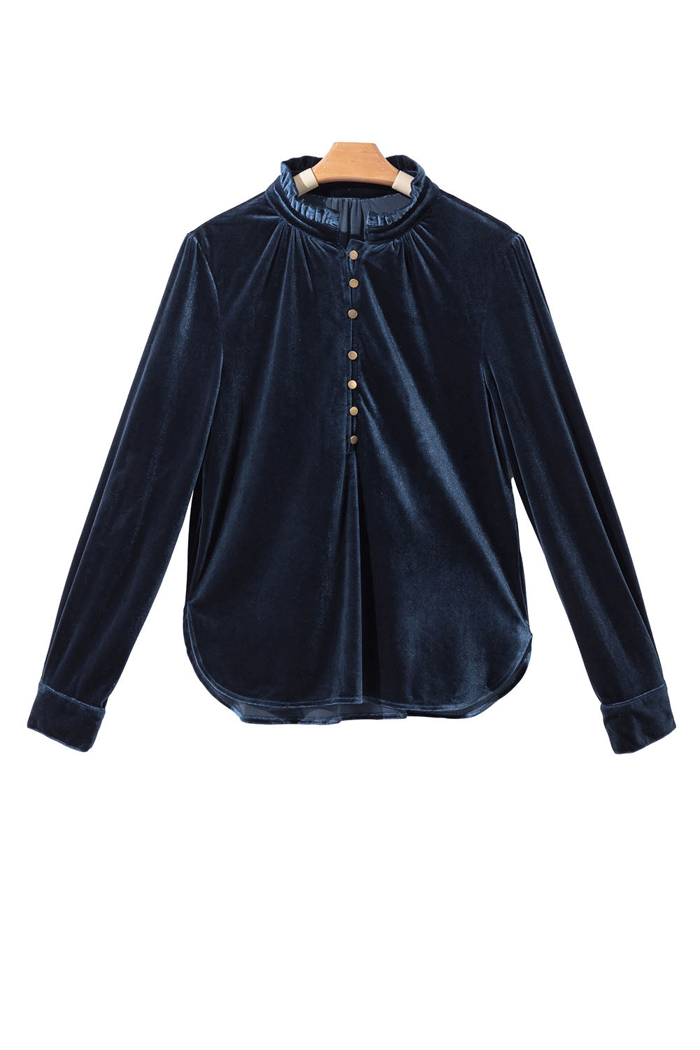 Navy Blue Frilled Buttoned V Neck Velvet Blouse - The Fair Lady Shop