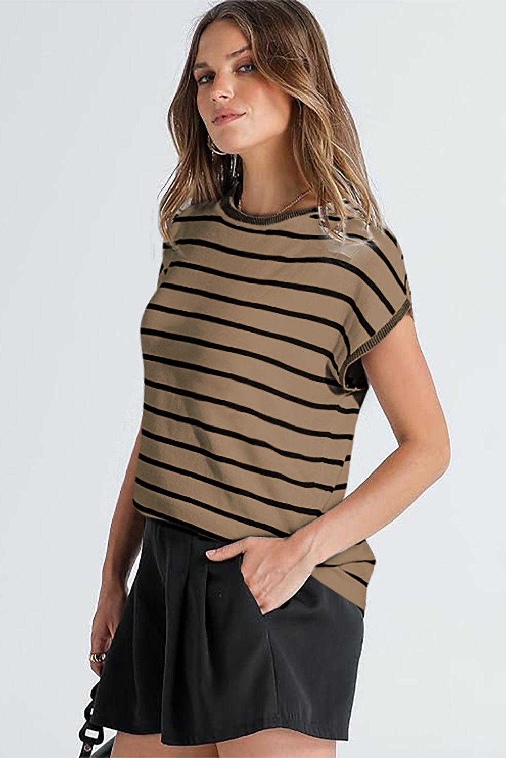 Khaki Stripe Knitted Dolman T Shirt - The Fair Lady Shop