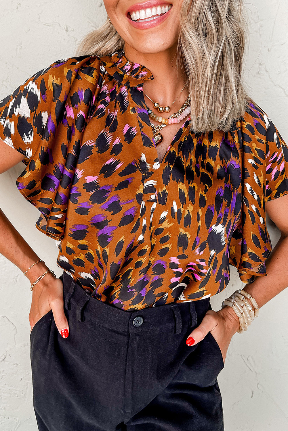 Orange Leopard Printed Short Sleeve Slit V Neck Blouse - The Fair Lady Shop
