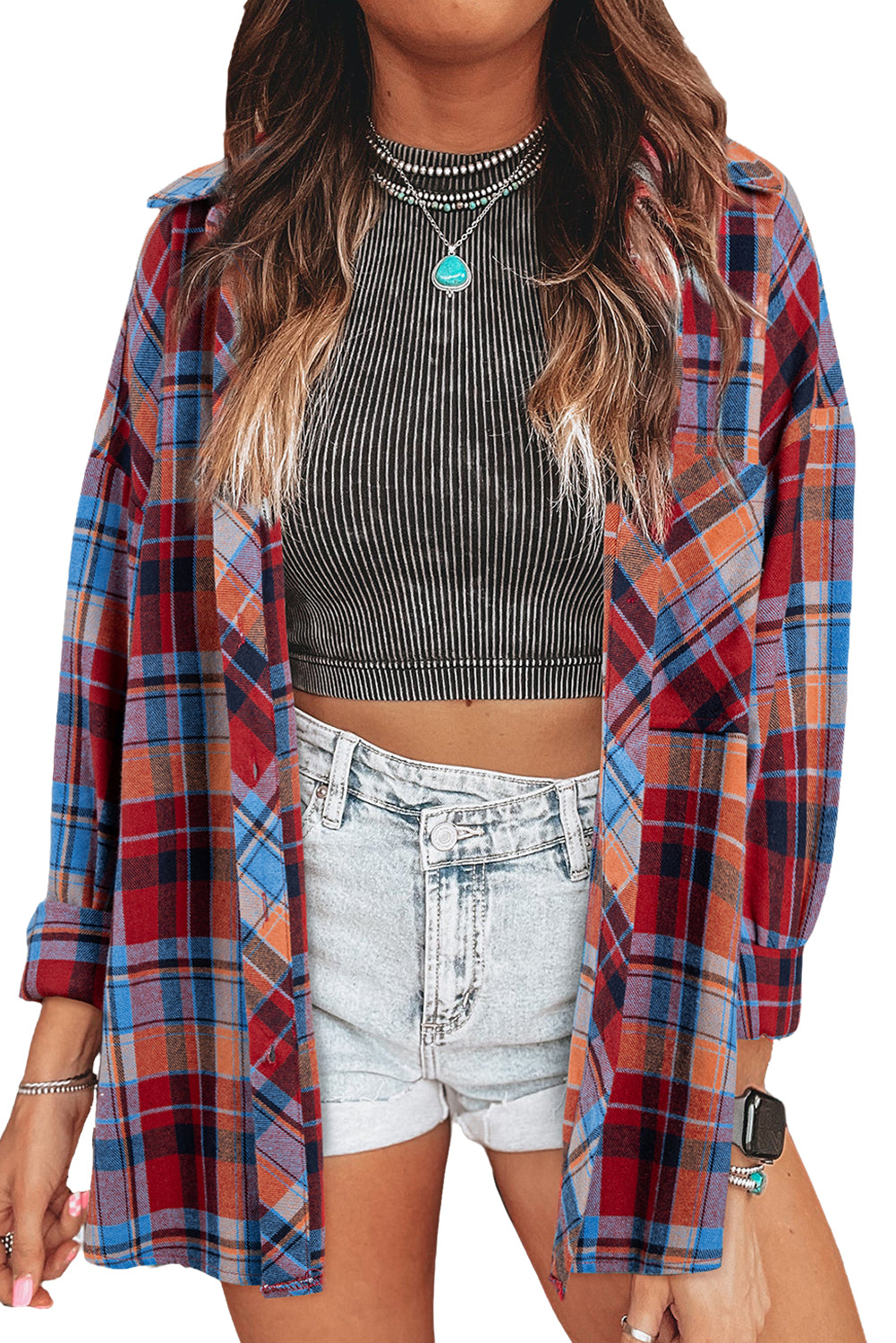 Red Plaid Print Drop Sleeve Loose Shirt - The Fair Lady Shop