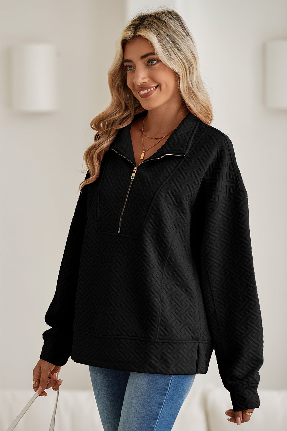 Black Solid Textured Half Zipper Collared Sweatshirt - The Fair Lady Shop