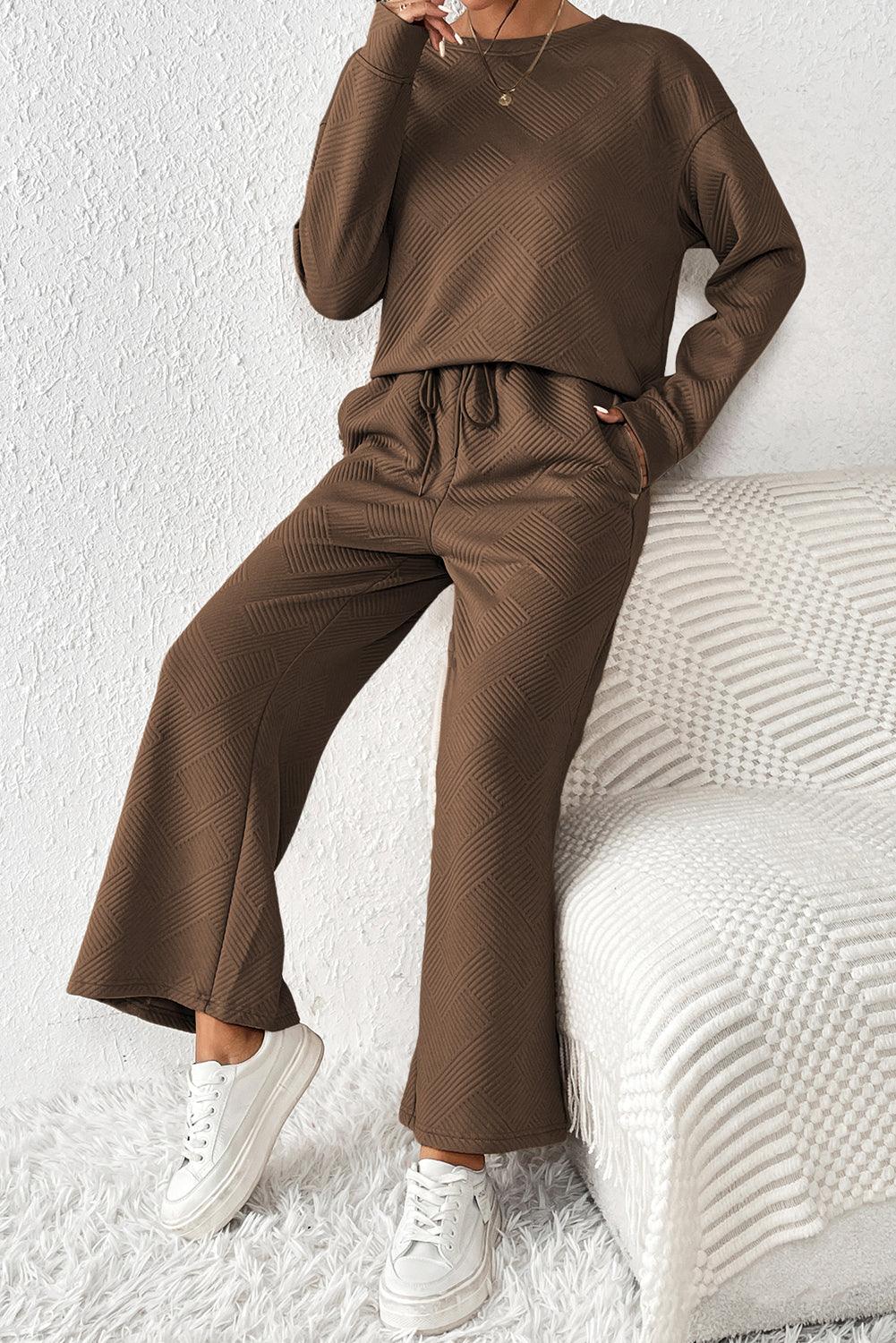 Dark Brown Textured Loose Slouchy Long Sleeve Top and Pants Set - The Fair Lady Shop
