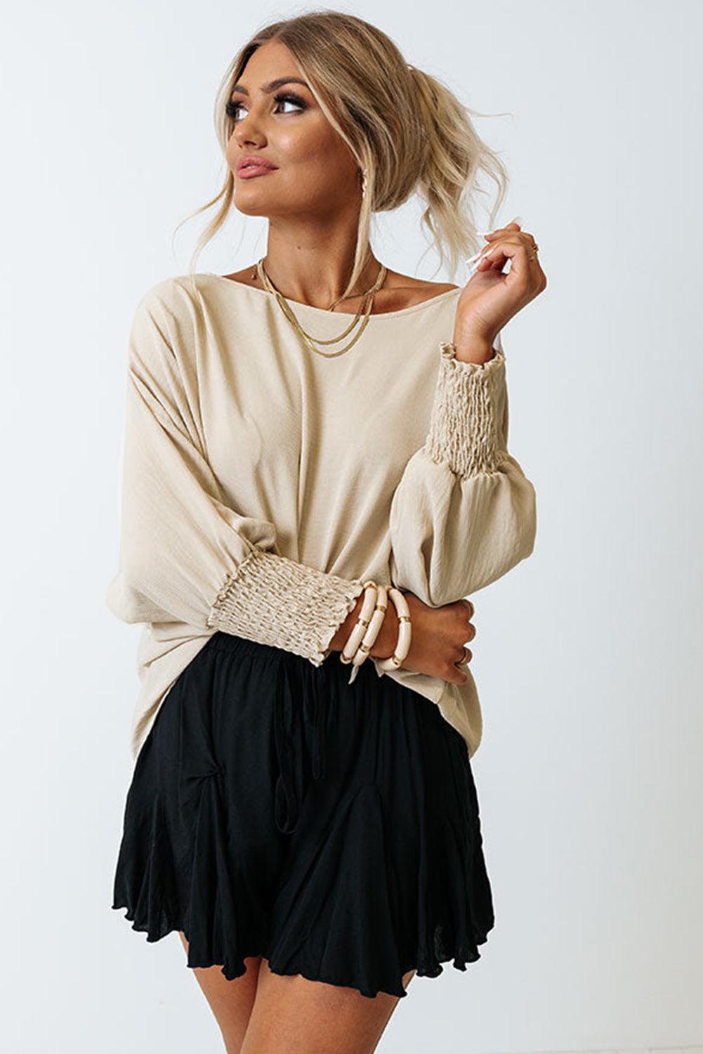 White Plain & Casual Shirred Cuffs Half Sleeve Top - The Fair Lady Shop