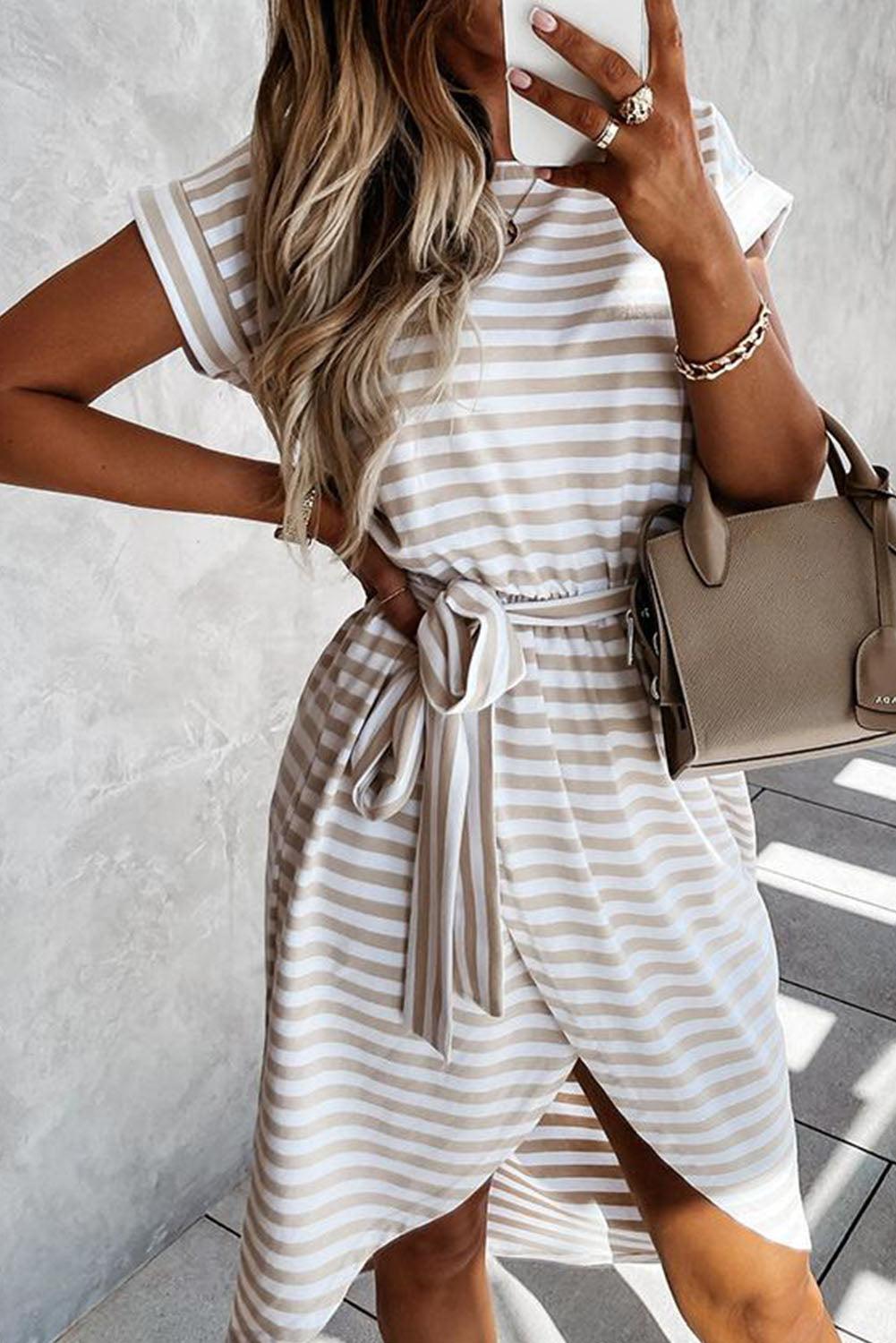 Khaki Stripe Belted Wrapped Hemline T Shirt Midi Dress - The Fair Lady Shop