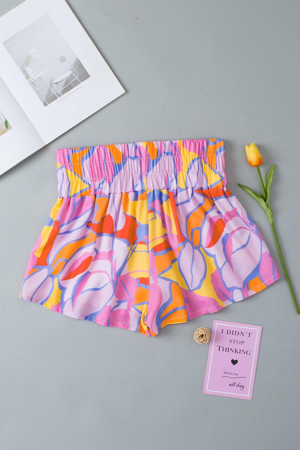 Purple Abstract Print Smocked Waist Flared Shorts - The Fair Lady Shop