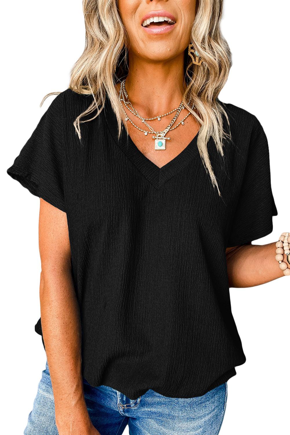 Blue Plain Crinkled V Neck Flounce Sleeve T Shirt - The Fair Lady Shop