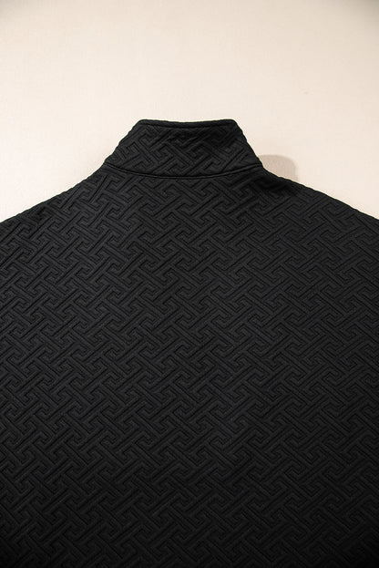 Black Solid Textured Half Zipper Collared Sweatshirt - The Fair Lady Shop